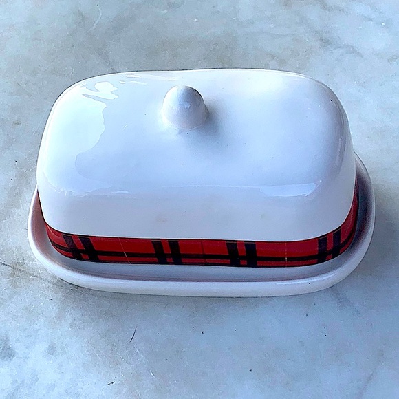 RAE DUNN SPREAD COVERED BUTTER DISH RED BLACK PLAID BAND 1 1/4TH LB 2PC - Picture 4 of 10